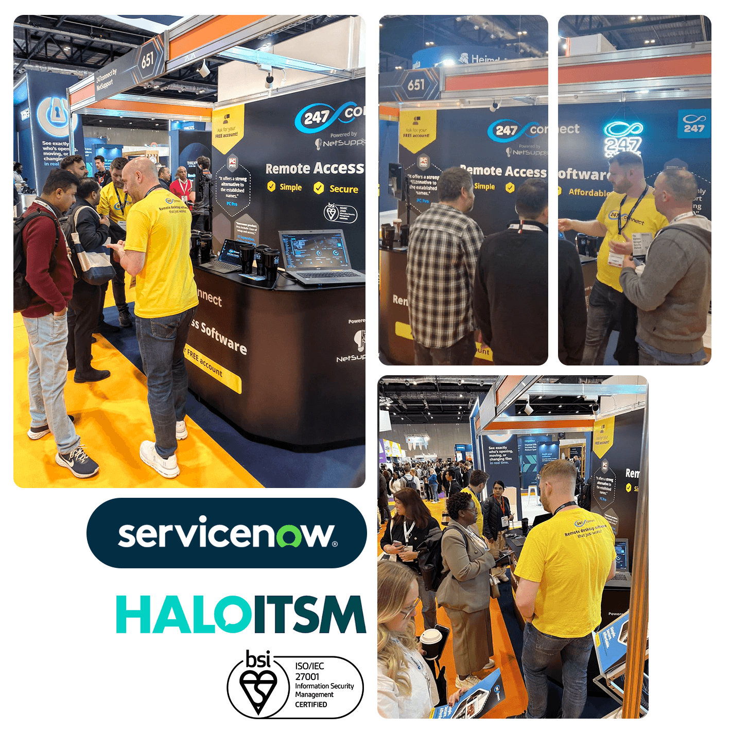 247connect SITS 쇼에서 ServiceNow, Haloitsm 및 BSI 로고와 함께 전시되었습니다.